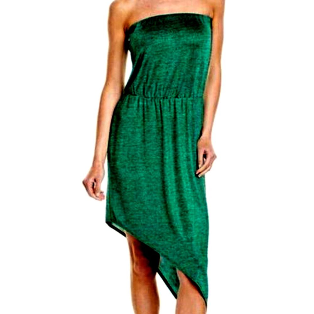 Drew Metallic Emerald Strapless Asymmetrical Dress Sz M Elastic Bodice Low Price